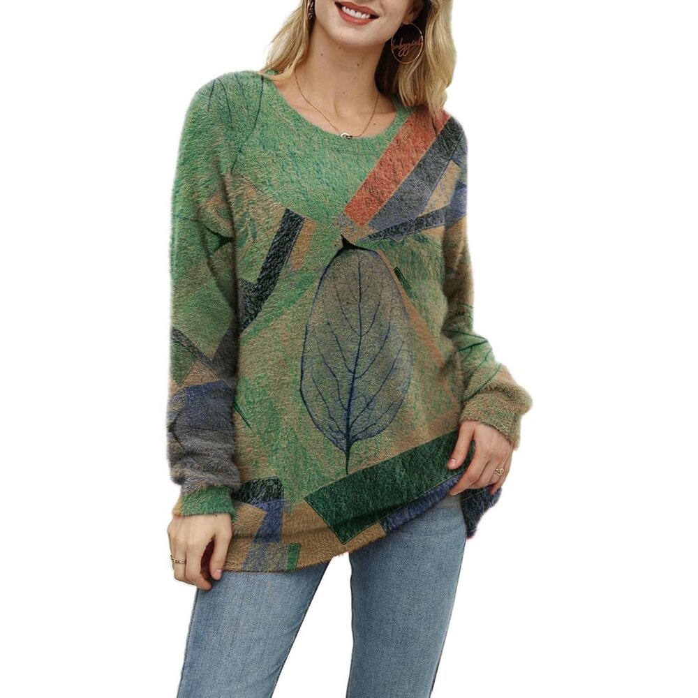 Women Christmas Sweater Graphic Print Oversized Pullover Floral 105 Loose Top
